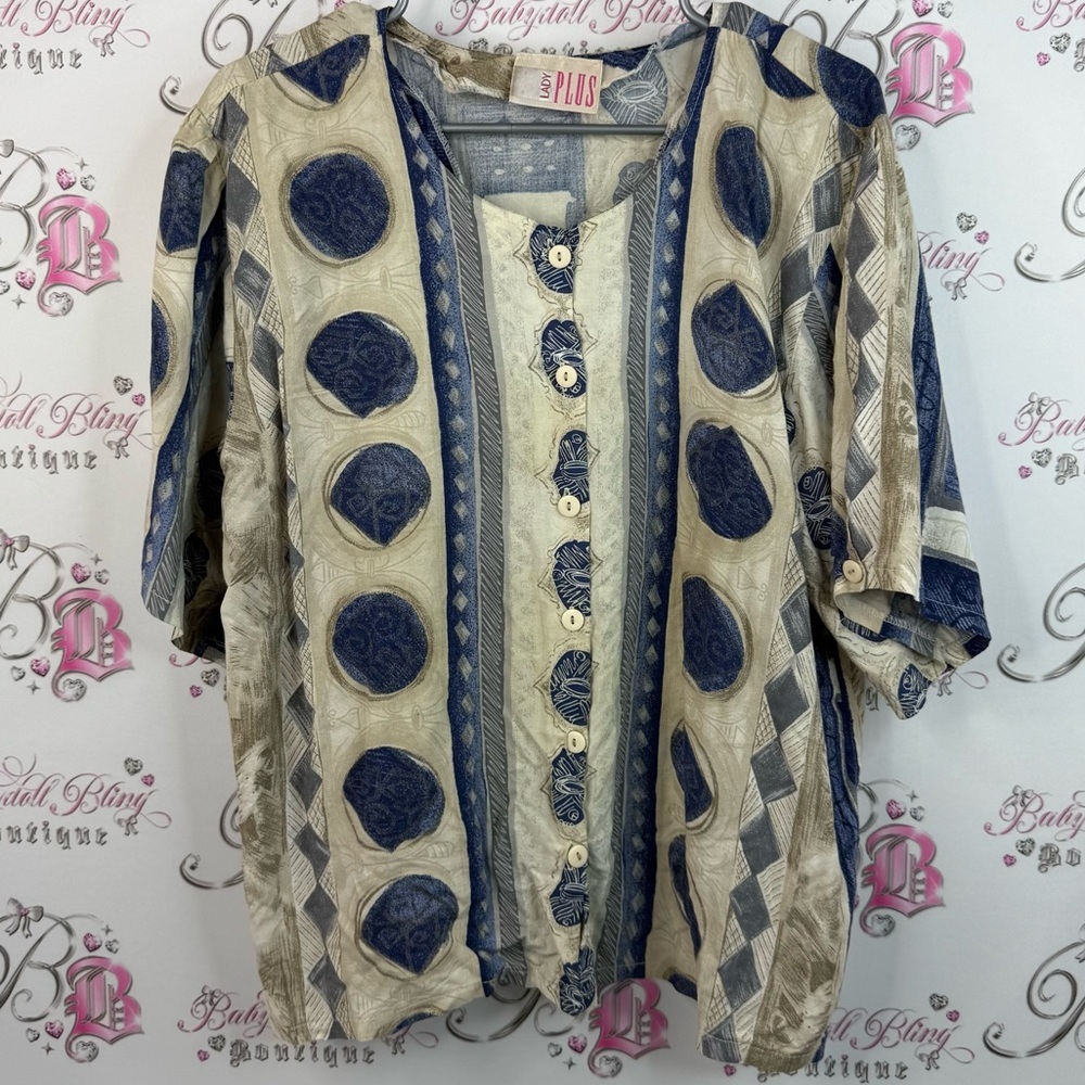 Lady plus T-shirt, button up vintage circles, Blue and Cream Button Down Shirt